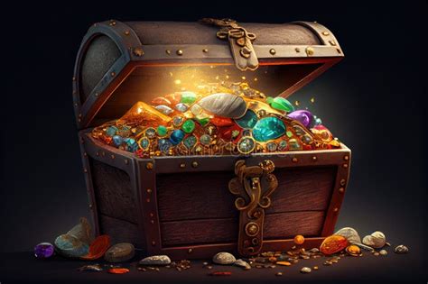 Treasure Chest Overflowing With Golden Coins And Precious Gems Stock