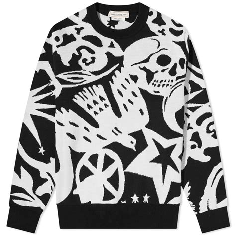 Alexander Mcqueen Skull All Over Intarsia Crew Knit Black And Ivory End