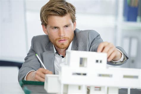 Happy Young Male Architect Creating Model House Stock Image Image Of