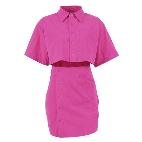 Hot Pink Short Sleeved Shirt And Hip Skirt Dress Ifaun