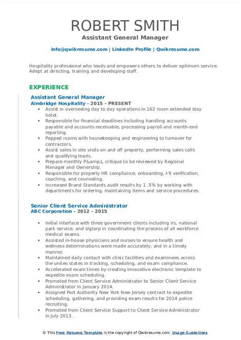In today's crowded job market, it is more important than ever to stand out among the competition. Assistant General Manager Resume Samples | QwikResume