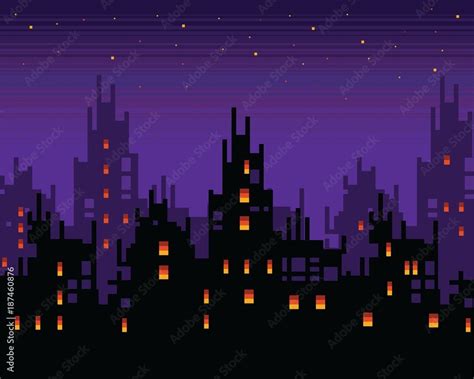 Haunted City At Night Spooky Pixel Art Town Landscape Vector