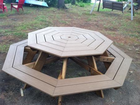 Building a wood patio table is a simple weekend project, if you use proper plans, the right tools and woodworking techniques. Trex Octagonal Picnic Table | Do It Yourself Home Projects from Ana White | Octagon picnic table ...