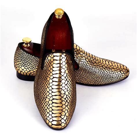 Men's moc toe slip on dress shoes. Harpelunde Men Formal Shoes Gold Snake Skin Paisley Wedding Shoes Fashion Designer Loafers Size ...
