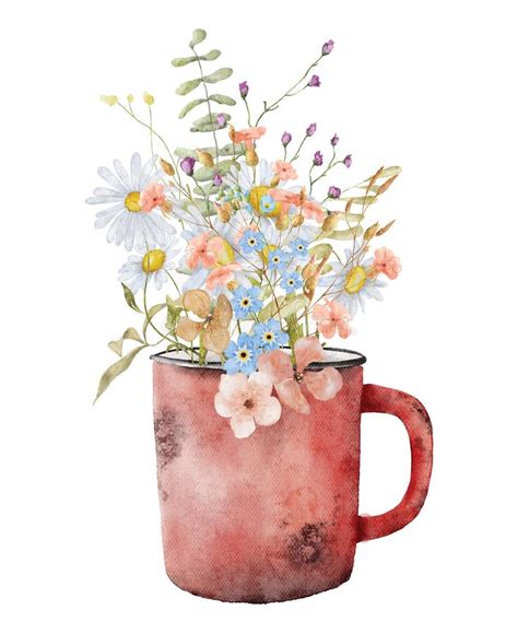 Bouquet Of Wild Flowers In A Mug Watercolor Hand Drawn Illustration