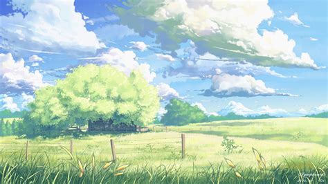 Grass Field Under White Cloudy Sky Illustration Fantasy