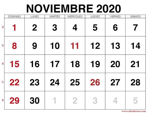 Calendario Noviembre 2020 Para Imprimir Calendarena