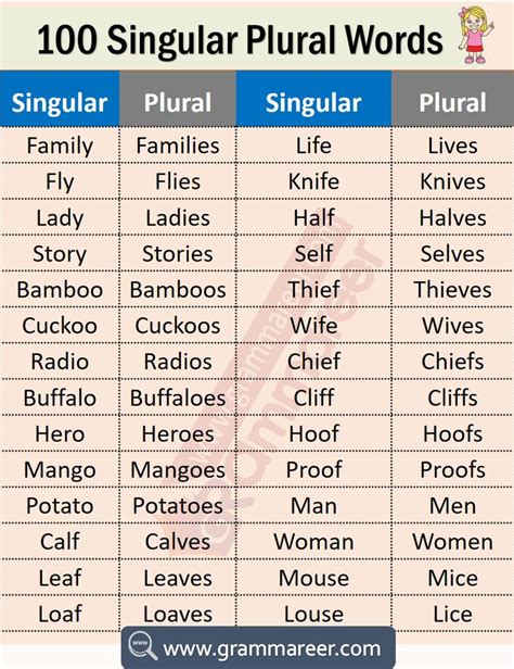 100 singular and plural words in English, Singular and plural words
