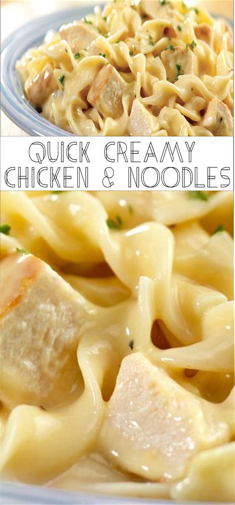 To serve, divide the noodles between 4 serving plates, spoon the chicken and mushrooms over the noodles and garnish with chives. Quick Creamy Chicken & Noodles Recipes - Home Inspiration and DIY Crafts Ideas