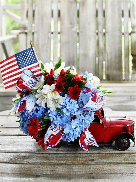 Diy Patriotic Flower Centerpiece With A Red Truck And Flag