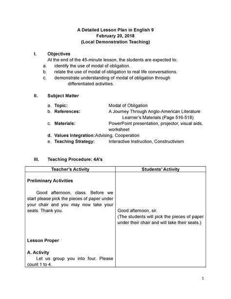 A Detailed Lesson Plan In English 9 Objectives At The End Of The 45 Minute Lesson The