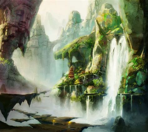 Waterfall Temple Waterfall Scenery Fantasy Landscape Environmental Art