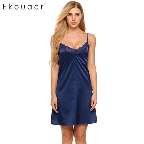 Ekouaer Brand Lace Patchwork Nightwear Women V Neck Sleeveless Satin Chemise Slip Nightgown
