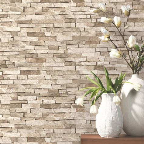 Ps 3d Effect Brick Wallpaper Beige Natural Stone Slate Rustic