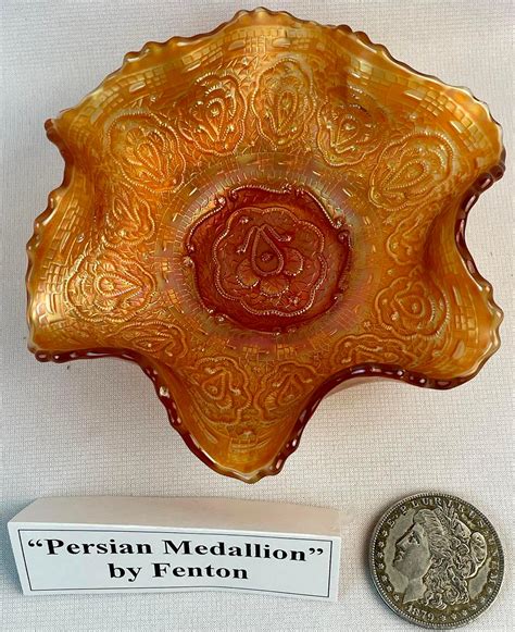 Lot Antique C 1915 Fenton Carnival Glass Persian Medallion Marigold Ruffled Bowl 6 Diameter