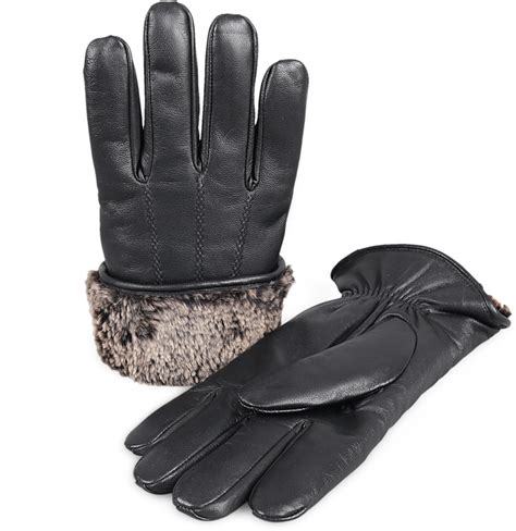 Genuine Mens Premium Shearling Sheepskin Fur Lined Leather Gloves Black