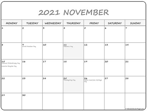 November 2021 Monday Calendar Monday To Sunday Calendar Template 2021