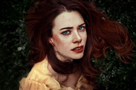 women redhead freckles looking at viewer face open mouth blue eyes fiery eyes wallpaper