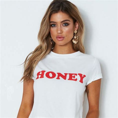 Blwhsa Honey Red Letters Print T Shirts Women Casual Short Sleeve 100