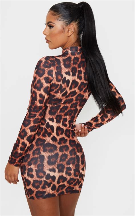 Brown Leopard Print Long Sleeve Bodycon Dress Prettylittlething