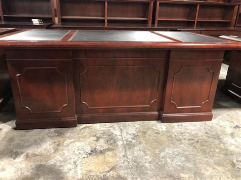 Used Office Desks Traditional Kimball Black Leather Top Desk At