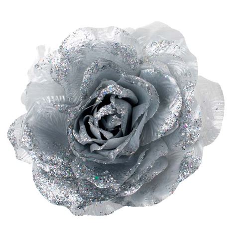 Silver Silk Rose Flower On Clip 20cm Christmas Time Uk