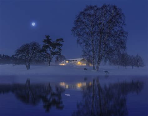 Sweden Winter Rivers Houses Snow Night Moon Trees Hd Wallpaper