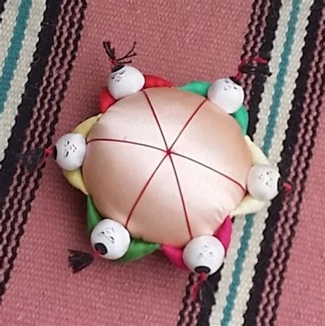 Vintage Chinese Silk Pin Cushion With 6 Little Figures Pastel Silk