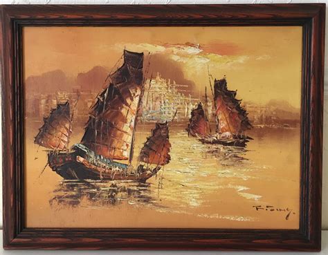 Original Chinese Junk Ship Oil Painting By Fsing Original Painting