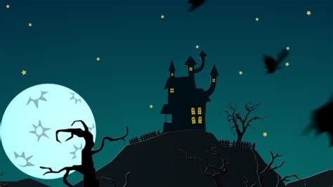 Spooky Halloween Haunted House On The Hill With Moon Ghosts Mystery
