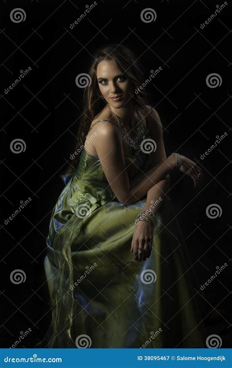 Portrait Of Sensual Woman In Green Evening Dress Stock Image Image Of Dress Cascading 38095467