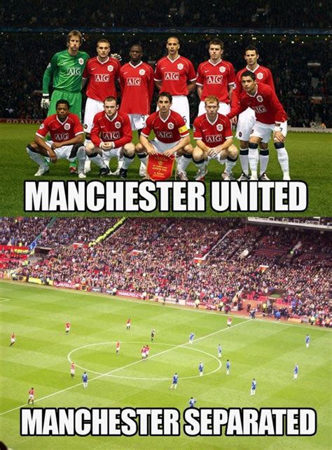 Manchester united club mottos to live by haha so true football love stoke city man united happy heart goalkeeper memes. Manchester United / Manchester separated | Soccer puns | Pinterest | English, Dads and Laughing