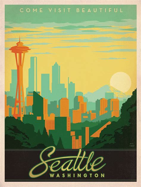 Visit Seattle Trave Promo Posterprint Art Deco By Oldtimegraphics On