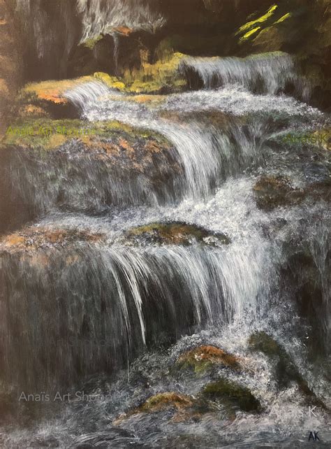 Waterfalls Water Over Rocks Acrylic Landscape Painting Canadian Artist