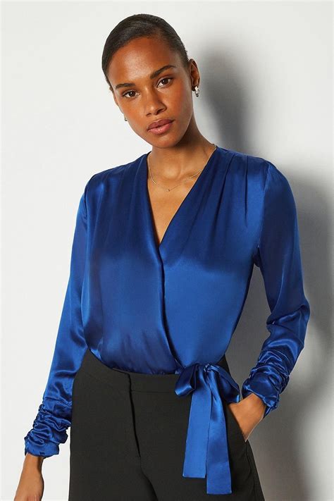 Silk Satin Wrap Front Bodysuit Fashion Face Blue Fashion Autumn