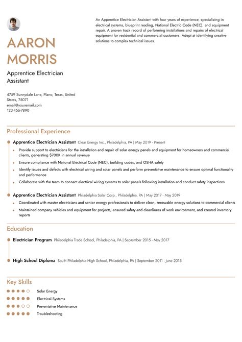 Electrician Assistant Apprentice Resume Examples and Templates for 2024