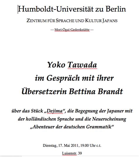 Dejima Yoko Tawada Im Gespr Ch Mit Ihrer Bersetzerin Bettina Brandt