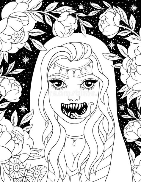 Horror Beauties Coloring Page For Adult Stock Illustration