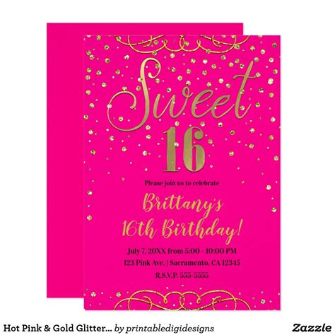 Hot Pink And Gold Glitter Modern Sweet 16 Party Invitation Zazzle
