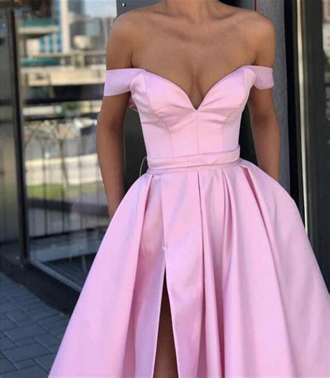 Off Shoulder Pink High Slit Prom Dresses Off Shoulder Formal Dresses