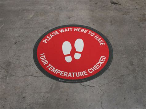 Please Wait Here Temperature Check With Icon Red Circular Floor Sign