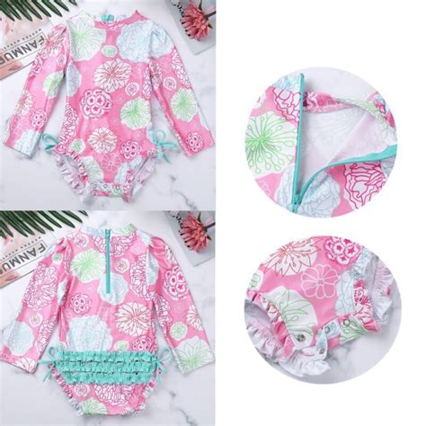 ️ Infant Baby Girls Long Sleeve Floral Printed Swimsuit Bathing Suit