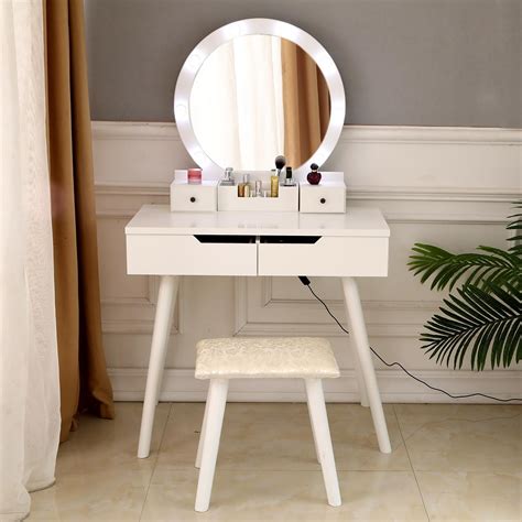 Adding mirror vanity table in your personal room like bathroom or bedroom will be a really good idea. Modern 8 LED Round Mirror Makeup Vanity Dressing Table Set ...