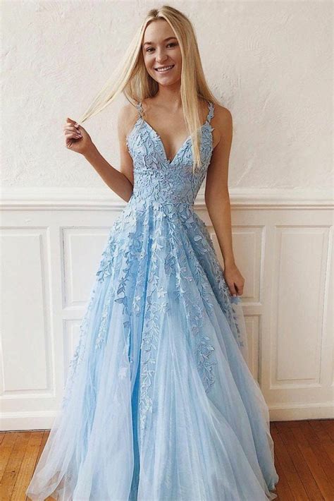 Light Sky Blue Straps V Neck Prom Dress With Lace Backless Long Formal Dresses N1736