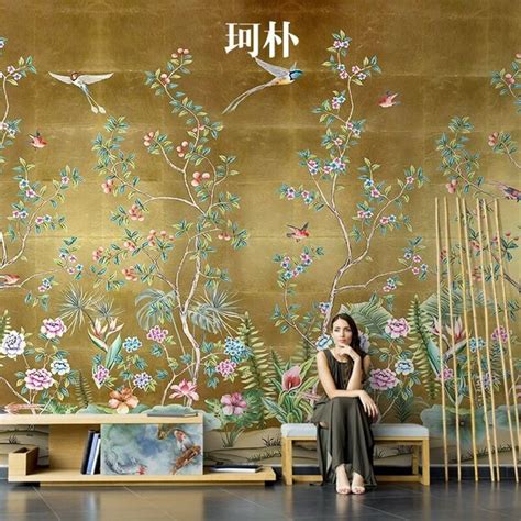 Chinoiserie Gold Background Vine Wallpaper Flowers And Plants Etsy Norway