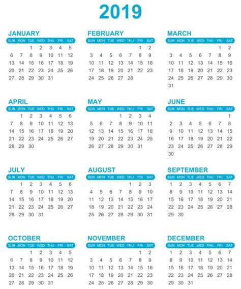 Ten Years Simple Editable Vector Calendars Year 2019 2020 2021 Stock