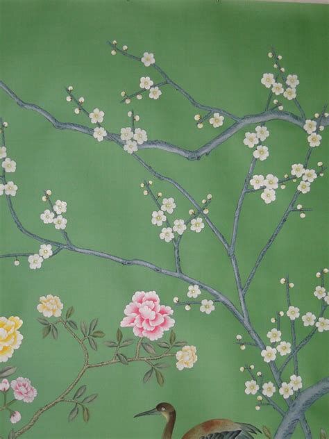 Hand Painted Chinoiserie Wallpaper Panelsemerald Green Etsy