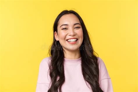 People Emotions Lifestyle Leisure And Beauty Concept Close Up Of Cheerful Asian Girl Looking