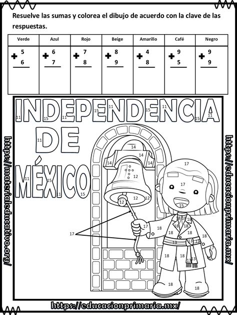 Suma resta y colorea el dibujo de la independencia de México del primer grado de primaria