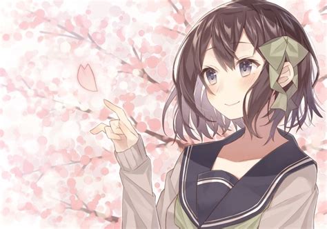 Wallpaper Anime Girl Cherry Blossom Smiling Brown Hair Petals Wallpapermaiden